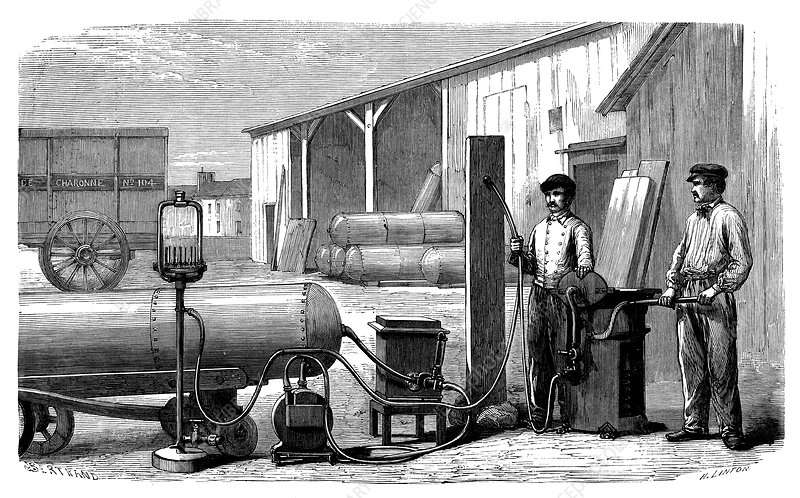 Why Do Cylinders Look The Way That They Do? 3 Gas Cylinders that were used in the 19th century displayed next to two men waiting to refill the cylinder with compressed gas.