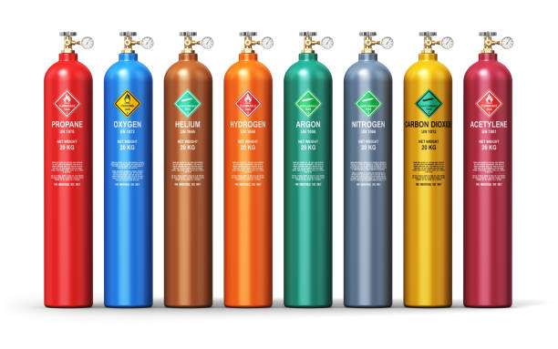 Why Do Cylinders Look The Way That They Do? 5 Cylinders that store various types of gases including propane, helium etc. are displayed in a row.