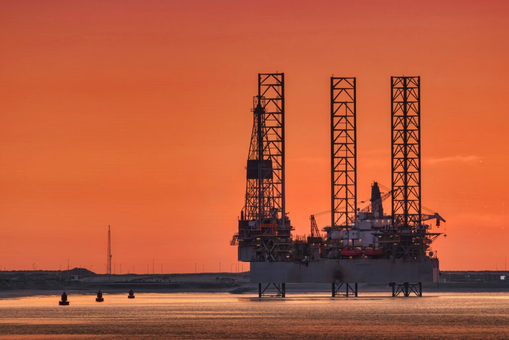 Offshore oil drilling platform on a water body