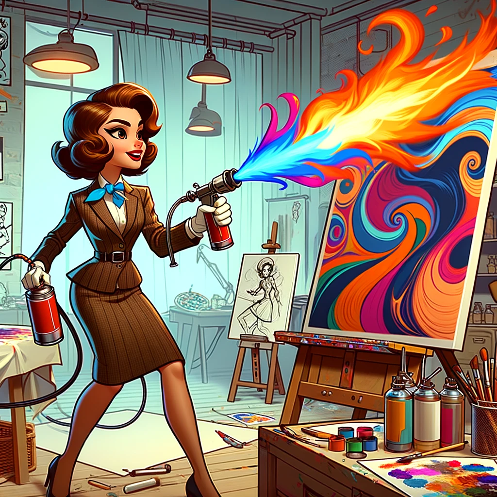 A cartoon image of a 1960s female artist playfully using flamethrowers to create a swirling, fiery abstract painting in her art studio.
