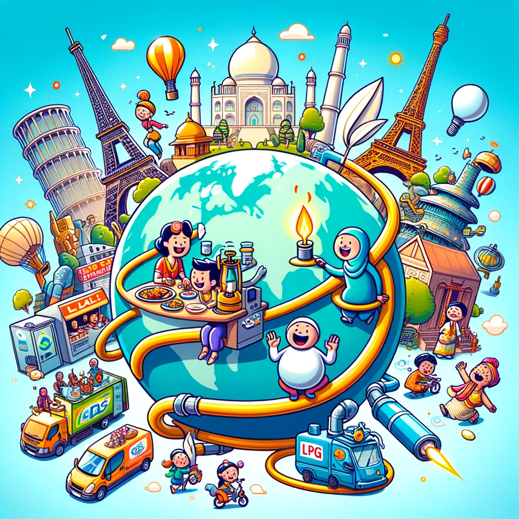 Cartoon illustration of a globe with iconic landmarks and people using LPG in daily activities.