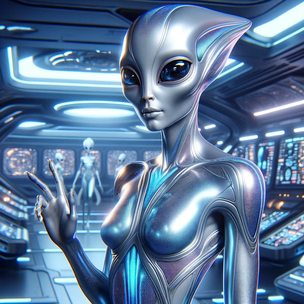 An artistic depiction of the Zogarians, featuring humanoid aliens with sleek, metallic skin in shades of silver and blue. They have large, expressive eyes and slender bodies, dressed in high-tech suits with holographic patterns. The background shows a portion of their advanced spacecraft with glowing panels.